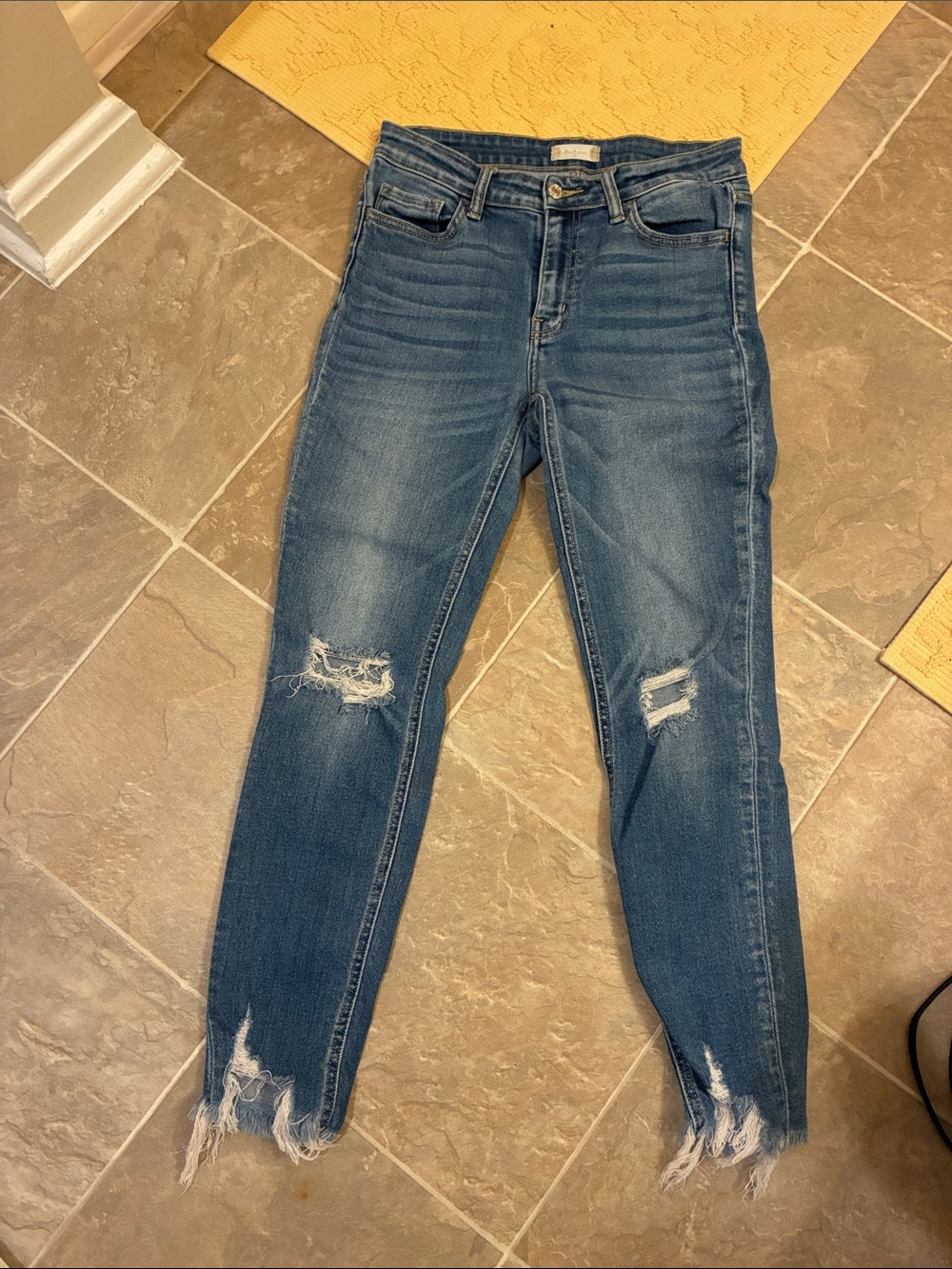 Ripped Mid-Blue Skinny Jeans with Raw Hem